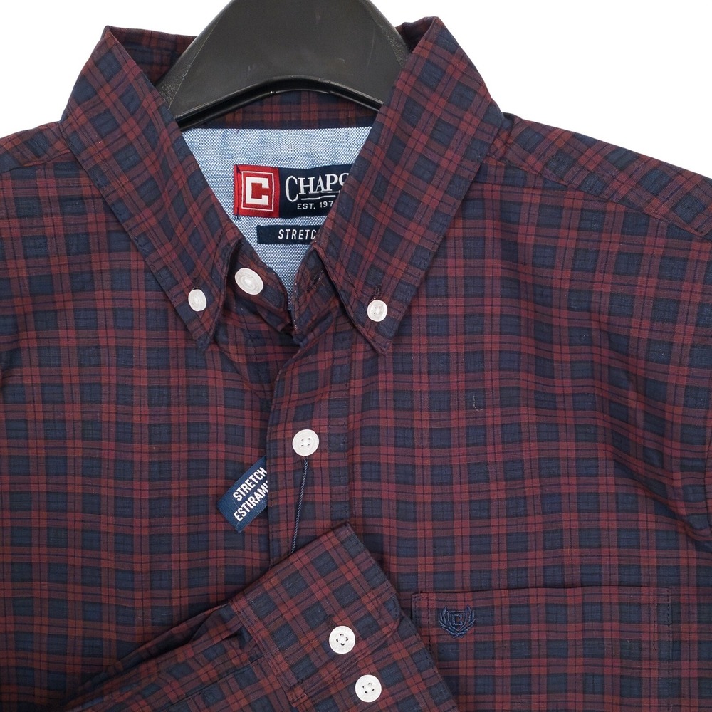 Chaps Mens Small Burgundy Plaid‎ Stretch Button Down Shirt Everyday Classics NEW